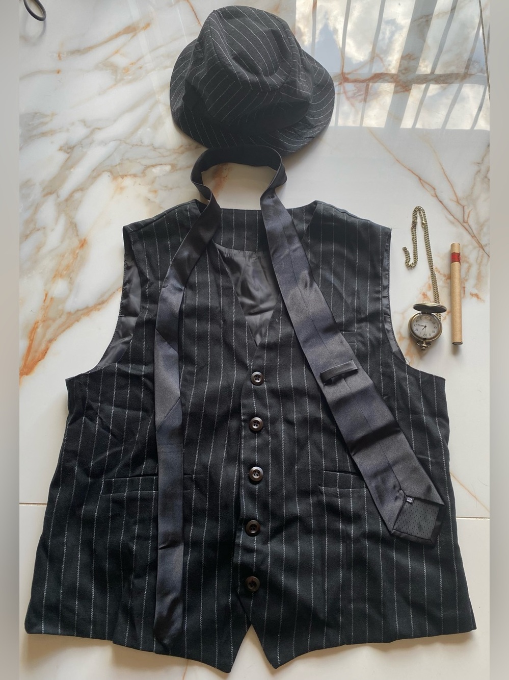Black Pinstripe Men's Waistcoat Vest with Matching Tie